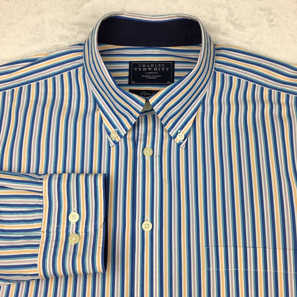 Charles Tyrwhitt Shirt Mens XL Multi-Color Stripes Poplin Weave Contrasting Trim